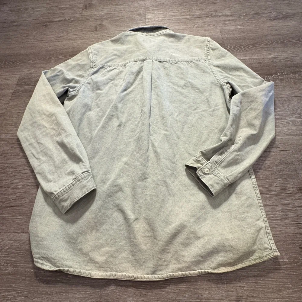 Zara Denim Shirt Mens L Green 100% Cotton Long Sleeve Chambray Workwear Western